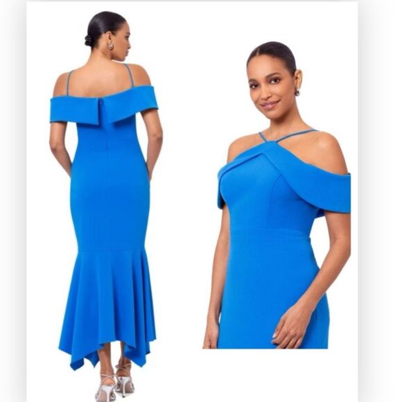 Xscape Evenings 6296X Cold Shoulder Handkerchief Hem Scuba Crepe Gown NWT $249 - Picture 1 of 7